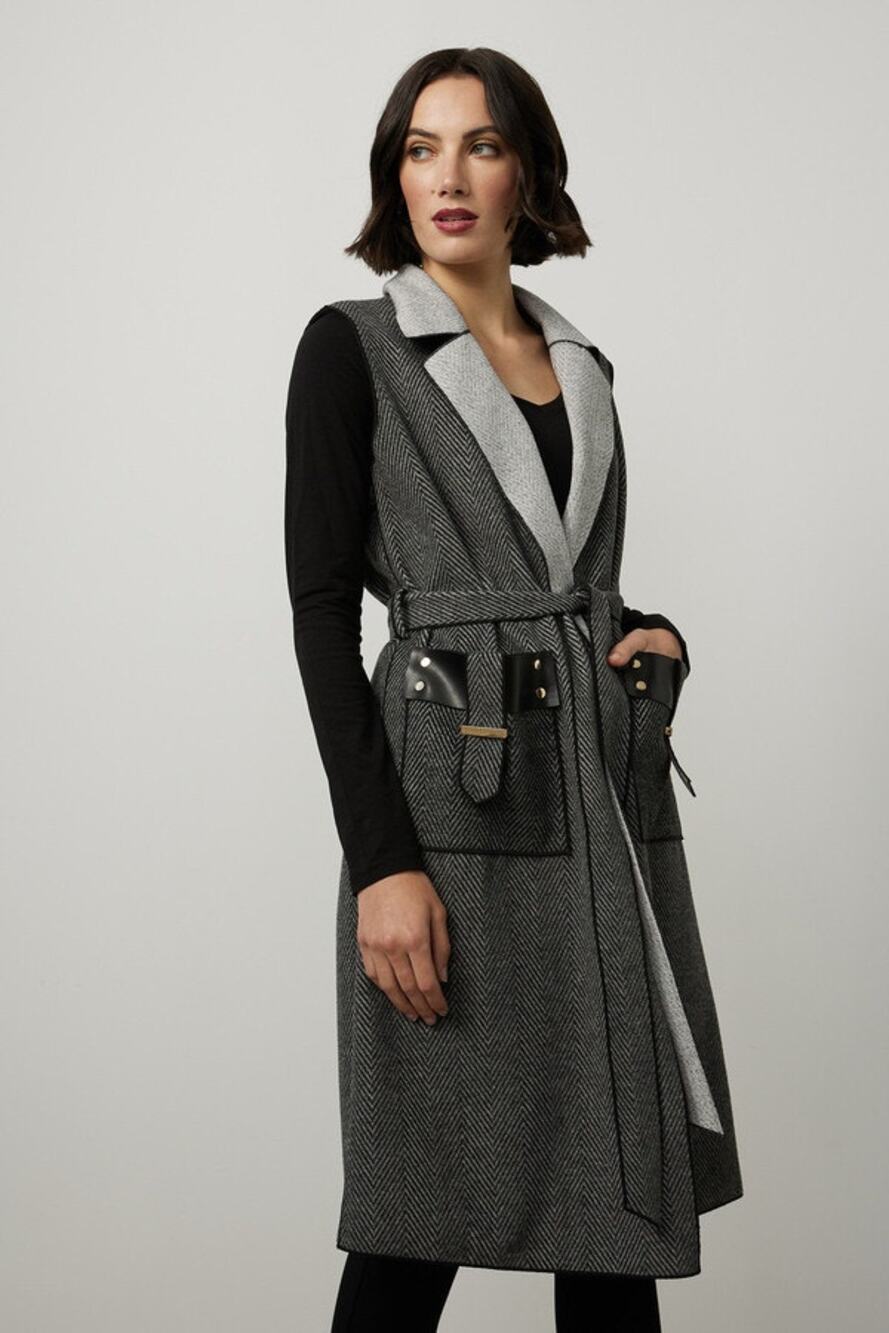 Joseph Ribkoff Charcoal Belted Longline Cardigan Lapel with Pockets Size 6